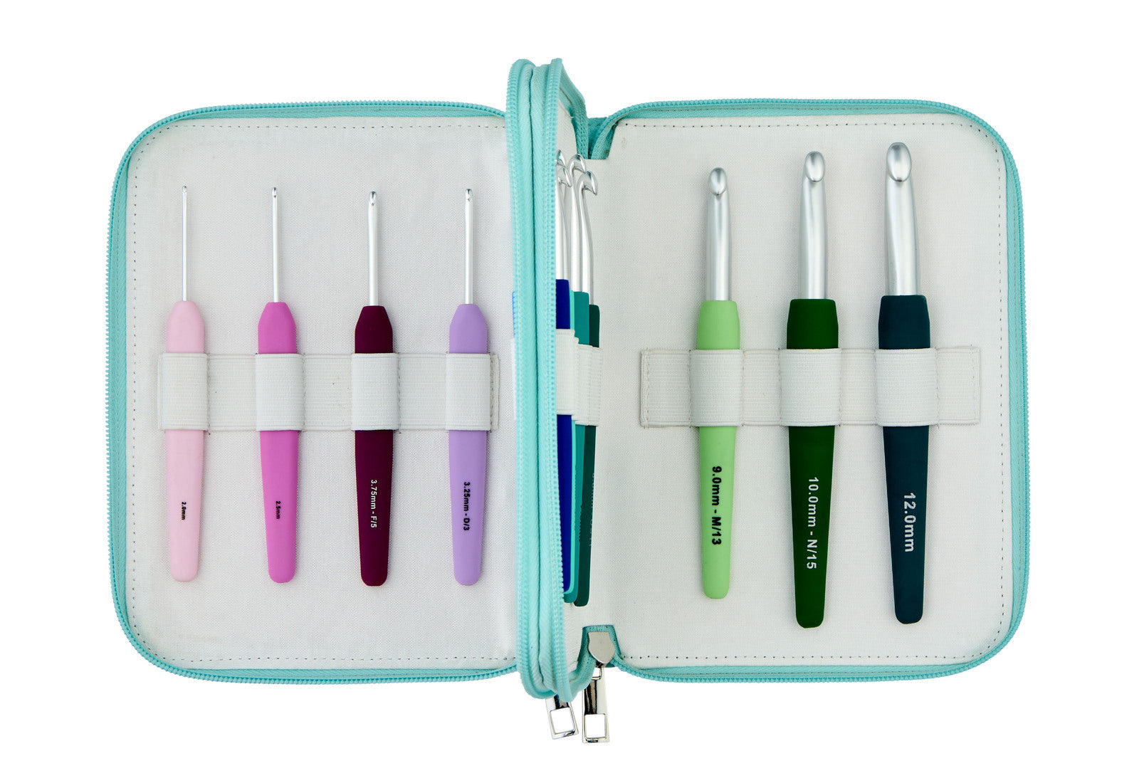 A KnitPro Waves crochet hook set, fourteen ergonomic hooks laid out in a case