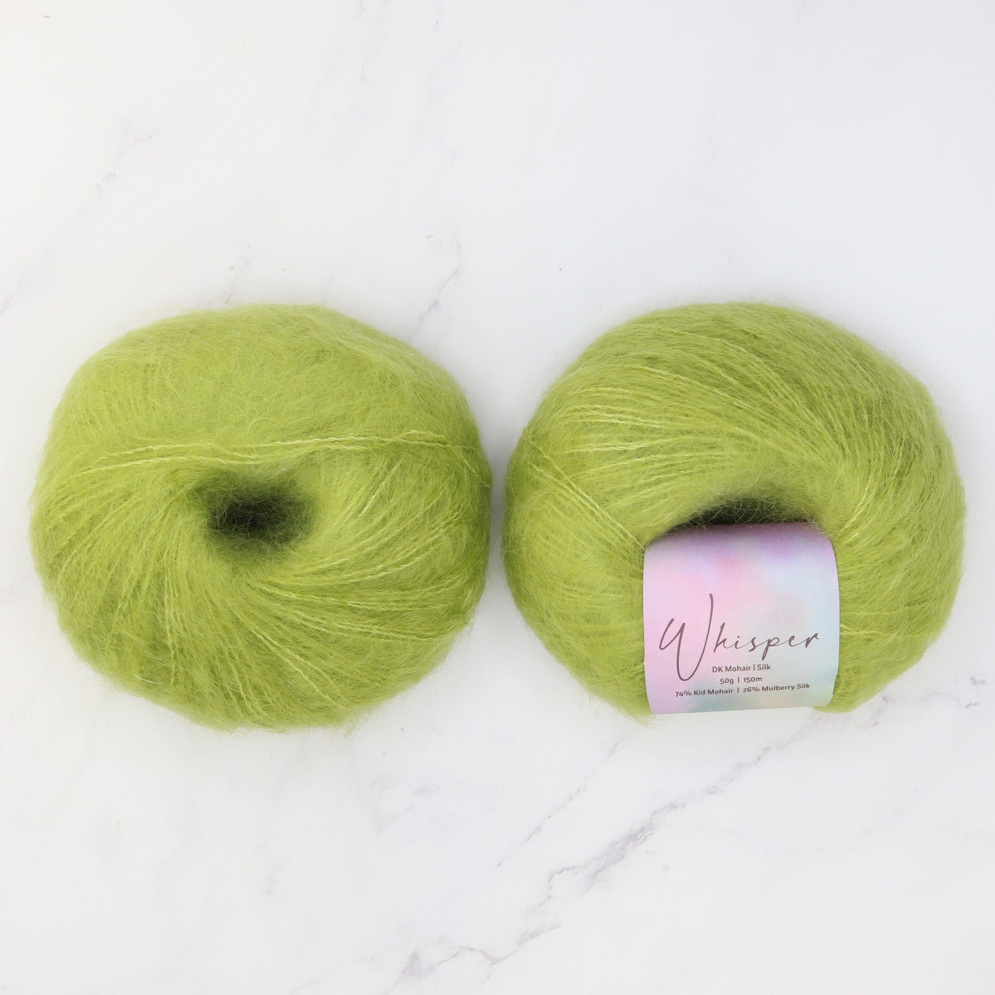 Alpaca Yarns Whisper DK in colourway Chartreuse – 8ply weight mohair, silk yarn
