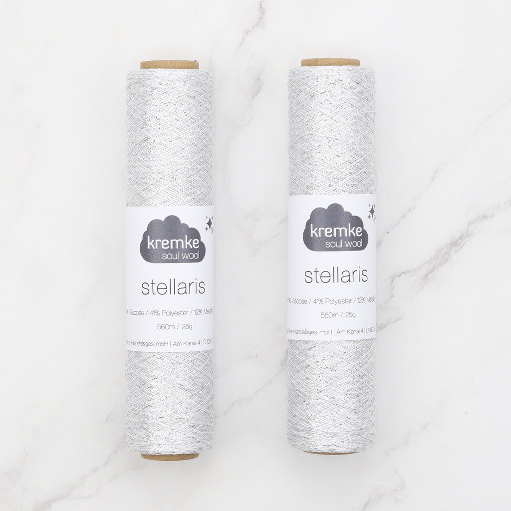 Kremke Soul Wool Stellaris in colourway White Silver – 2ply weight viscose, polyester, metallic fibre yarn