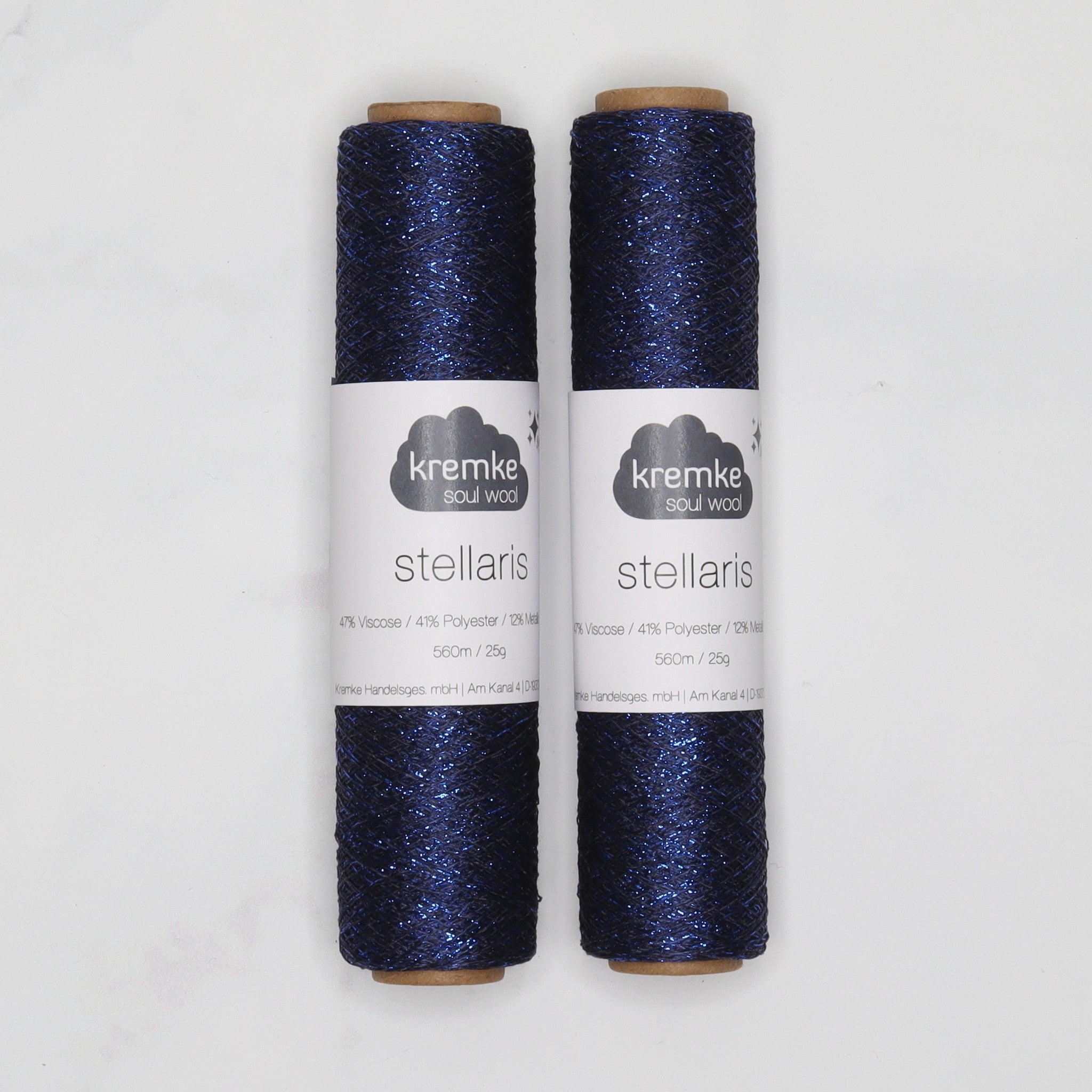 Kremke Soul Wool Stellaris in colourway Night Blue – 2ply weight viscose, polyester, metallic fibre yarn