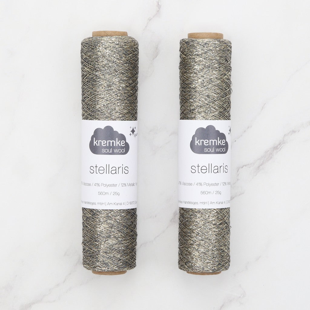 Kremke Soul Wool Stellaris in colourway Stone Gold – 2ply weight viscose, polyester, metallic fibre yarn