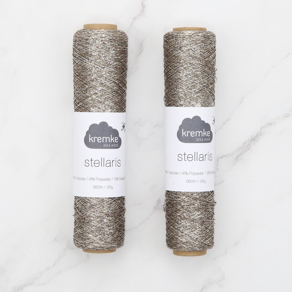 Kremke Soul Wool Stellaris in colourway Beige Silver – 2ply weight viscose, polyester, metallic fibre yarn