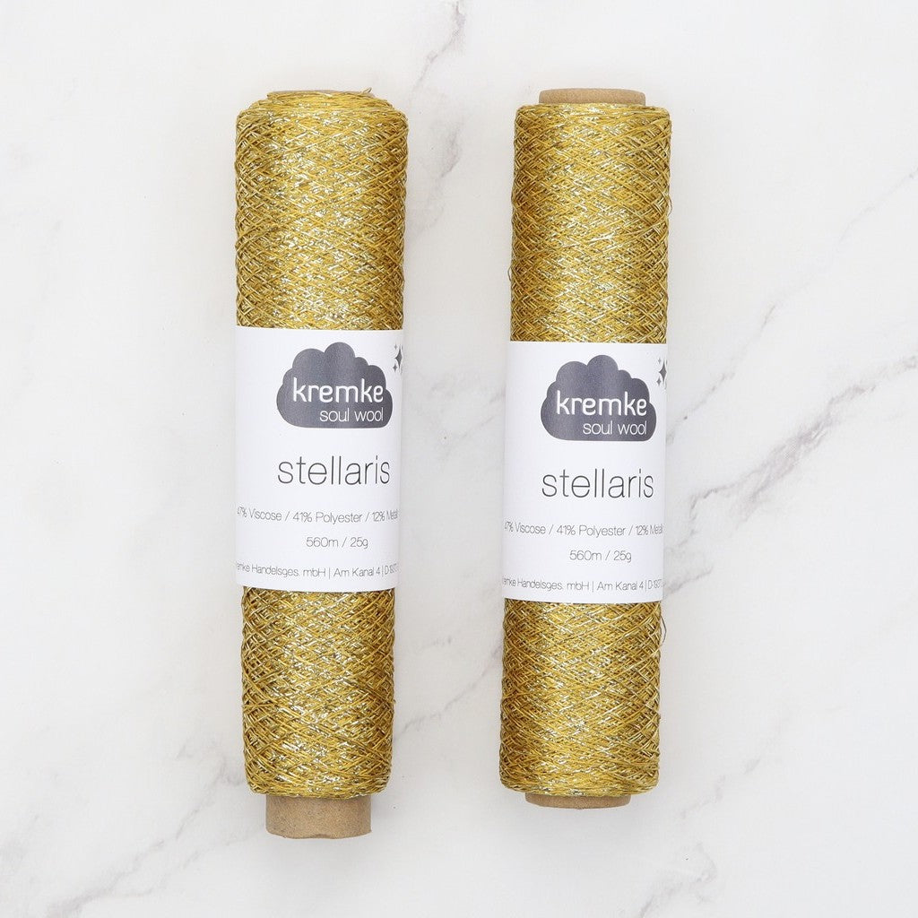 Kremke Soul Wool Stellaris in colourway Raw Gold – 2ply weight viscose, polyester, metallic fibre yarn
