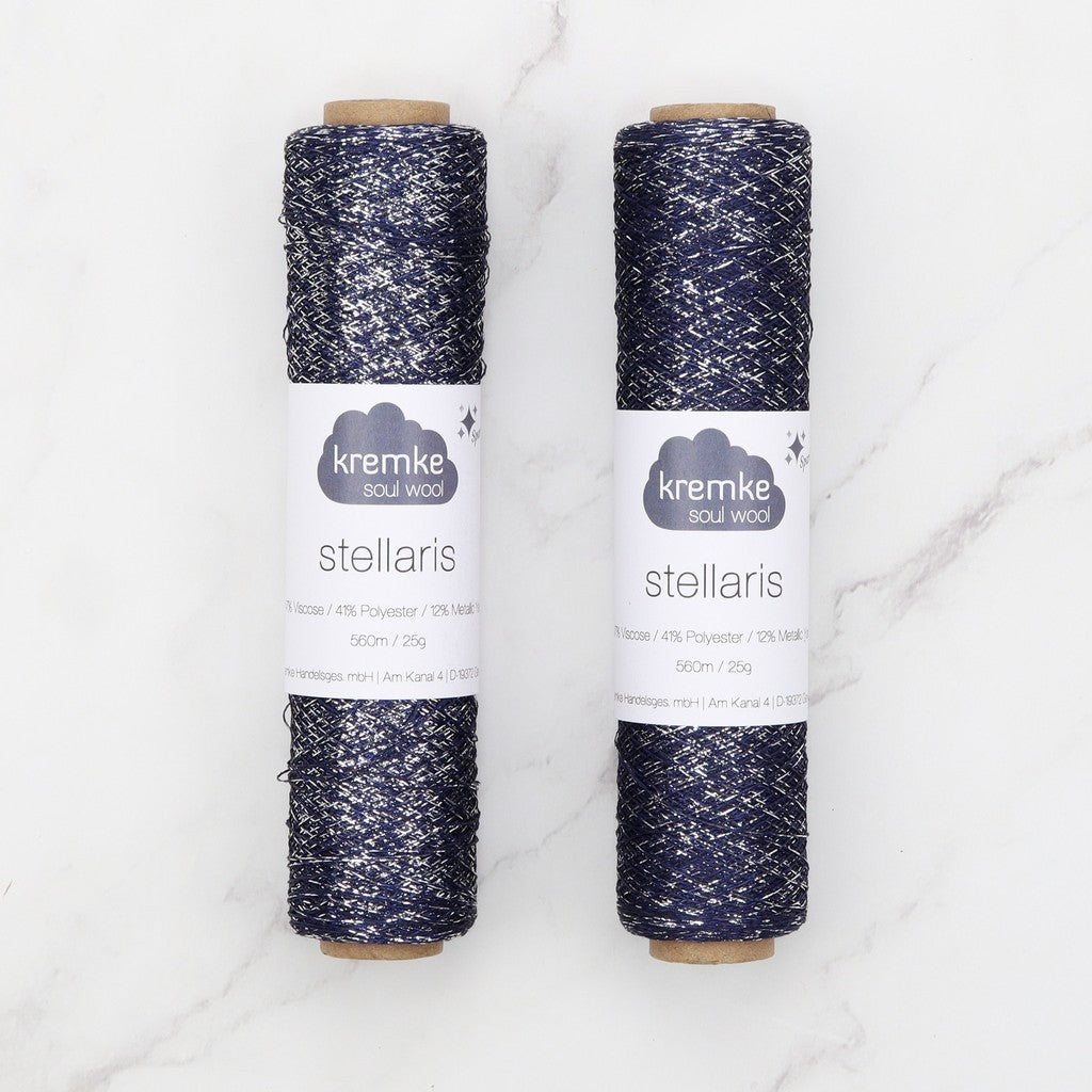 Kremke Soul Wool Stellaris in colourway Navy Silver – 2ply weight viscose, polyester, metallic fibre yarn