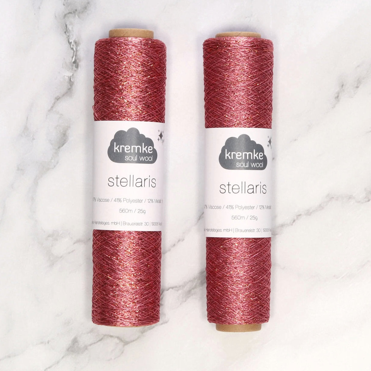 Kremke Soul Wool Stellaris in colourway Dusty Rose Copper – 2ply weight viscose, polyester, metallic fibre yarn