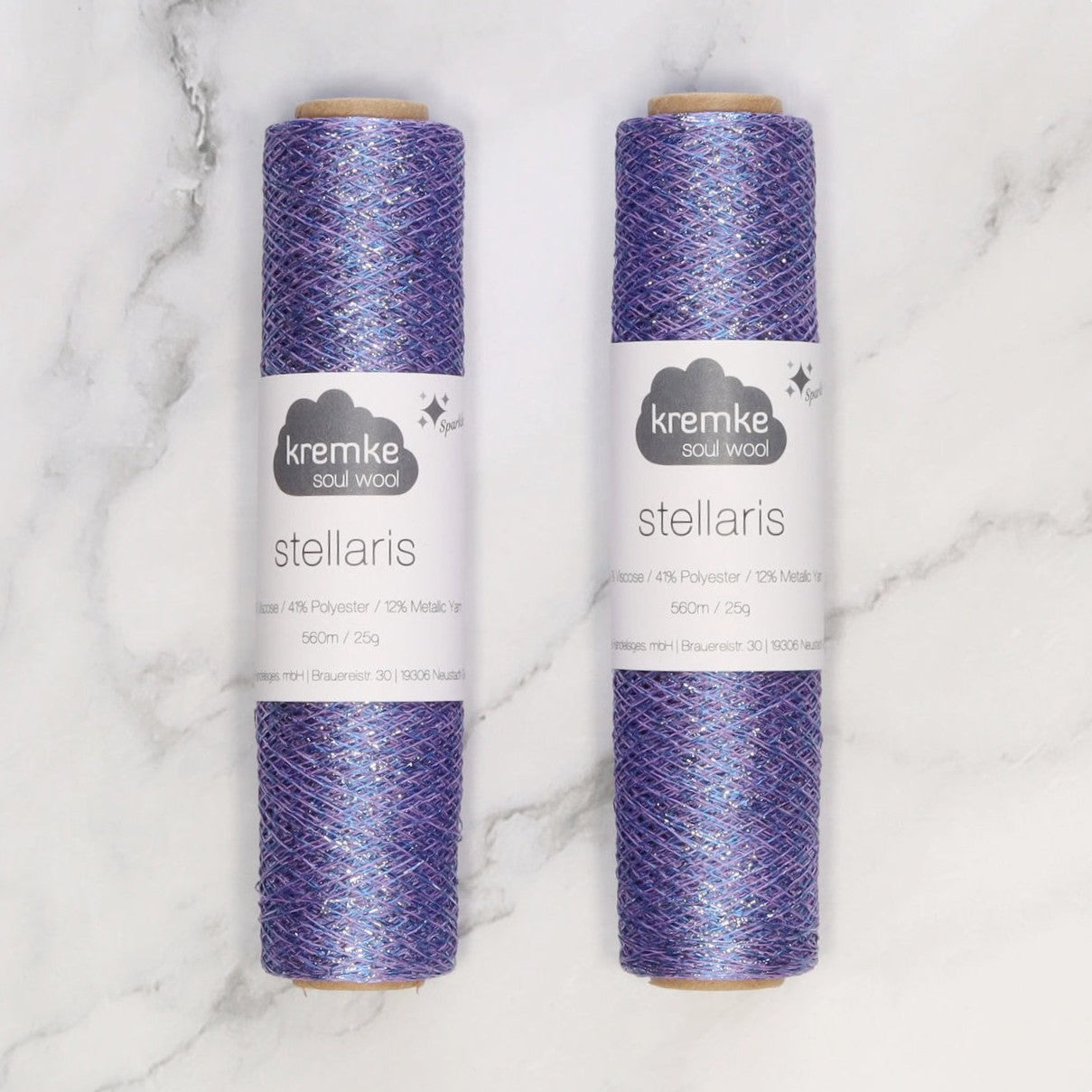 Kremke Soul Wool Stellaris in colourway Purple Blue Silver – 2ply weight viscose, polyester, metallic fibre yarn