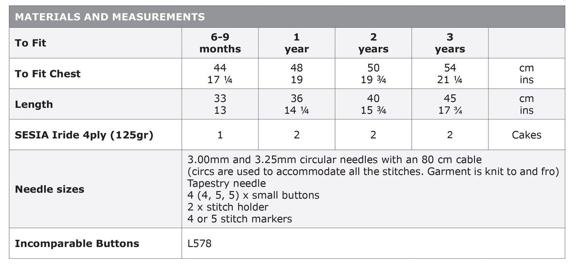 K3035 Child's Jacket in Sesia Iride Pattern - materials and measurements