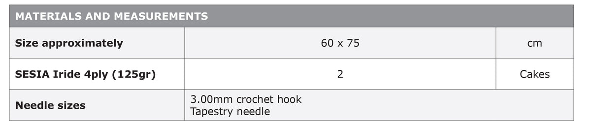 K3037 Crochet Baby Blanket in Sesia Iride Pattern - materials and measurements