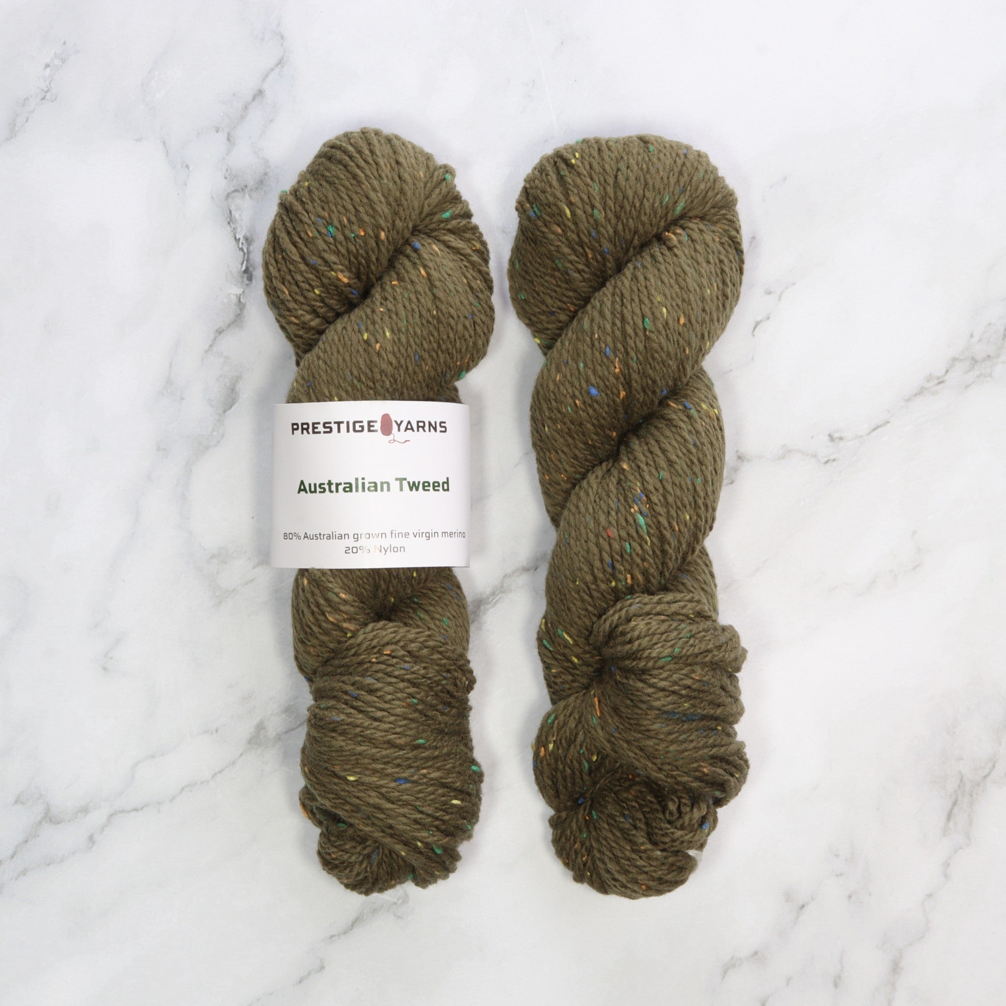 Prestige Yarns Australian Tweed in colourway Winter Moss – 8ply weight merino, nylon yarn