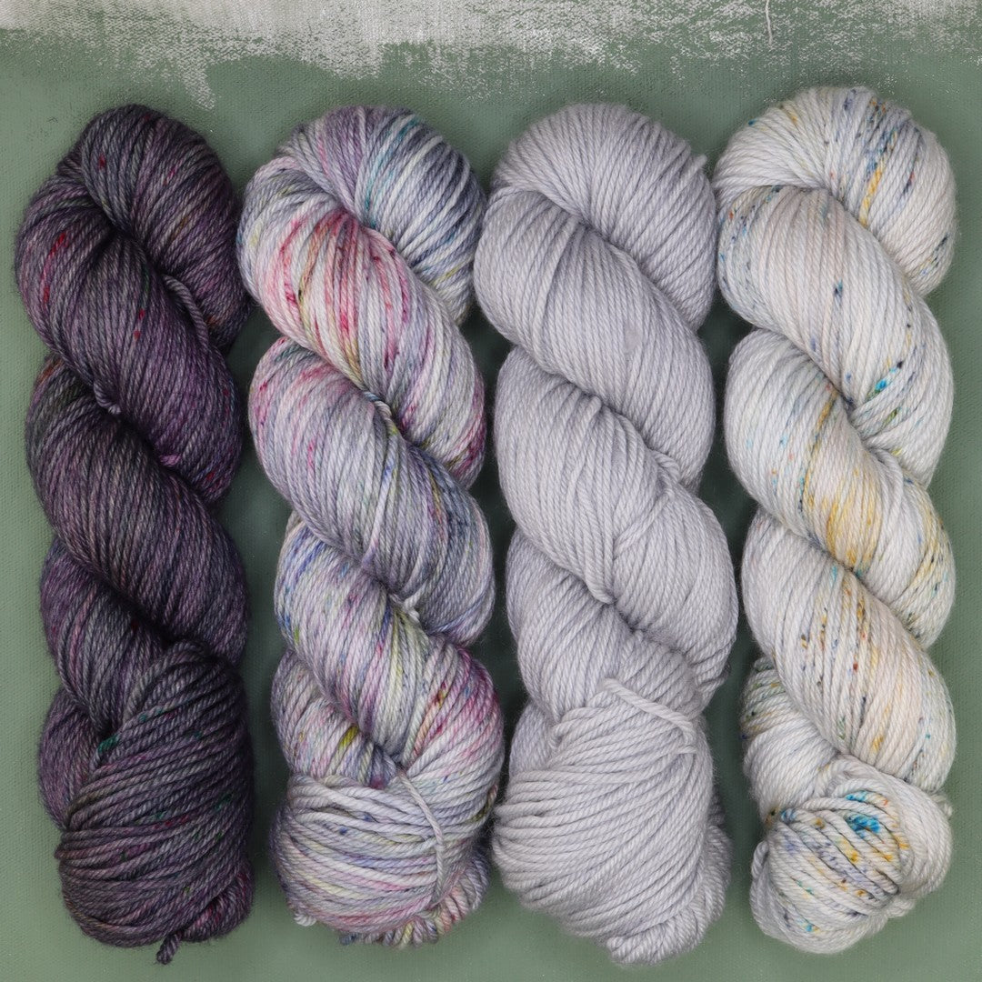 Poet Worsted – Four Colour Set in colourway Cloud Cover – 10ply weight merino, nylon, silk yarn