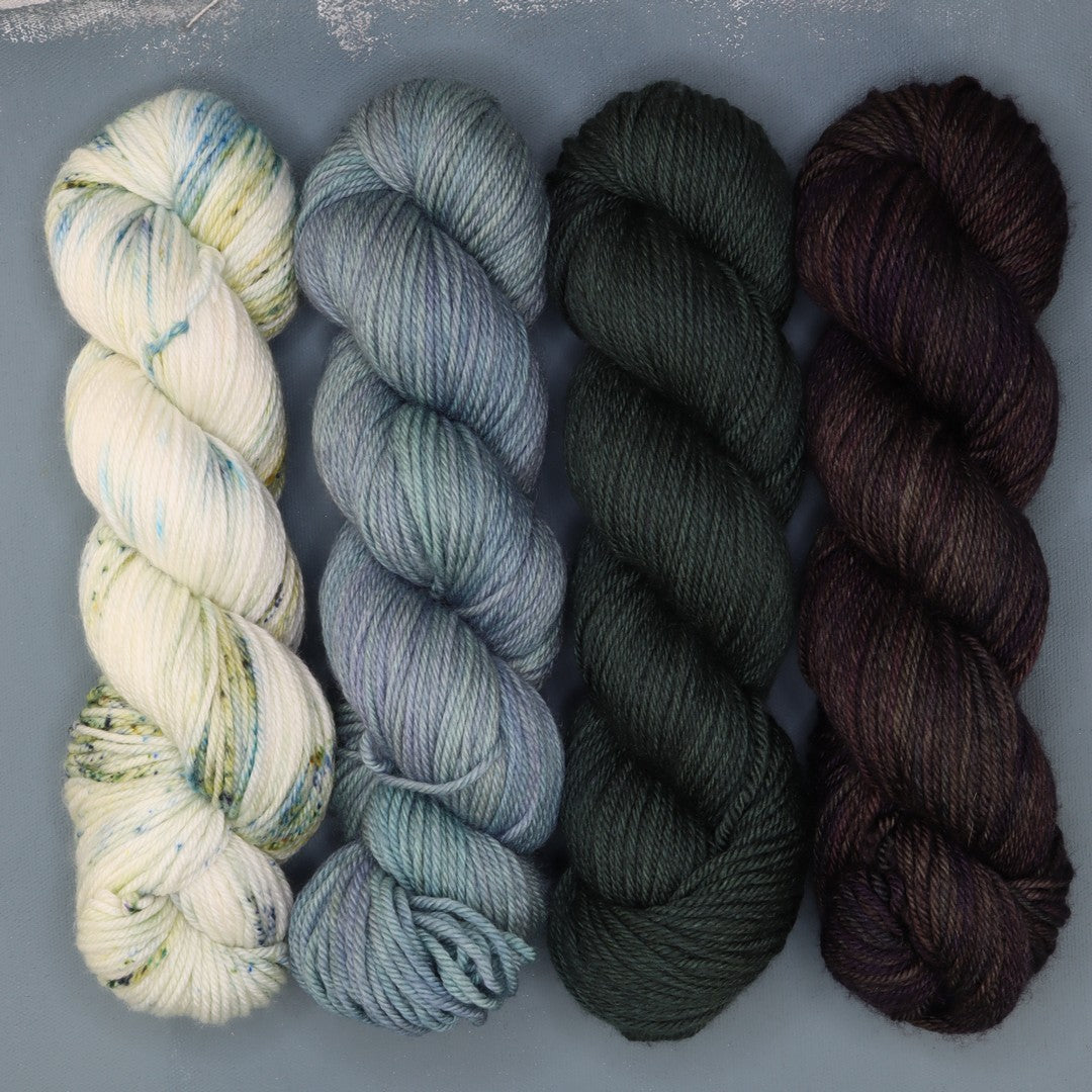 Poet Worsted – Four Colour Set in colourway Sage Advice – 10ply weight merino, nylon, silk yarn