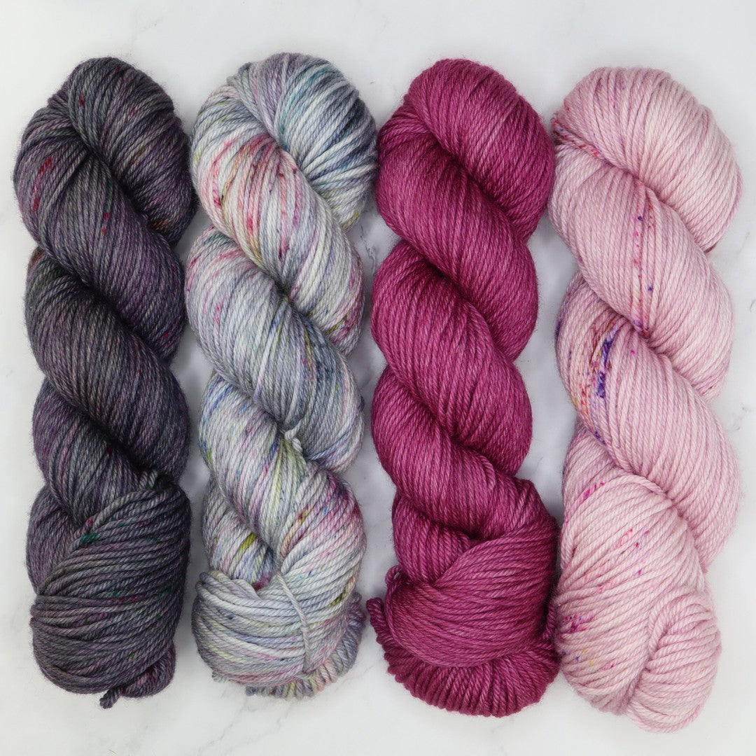 Poet Worsted – Four Colour Set in colourway Stolen Thunder – 10ply weight merino, nylon, silk yarn