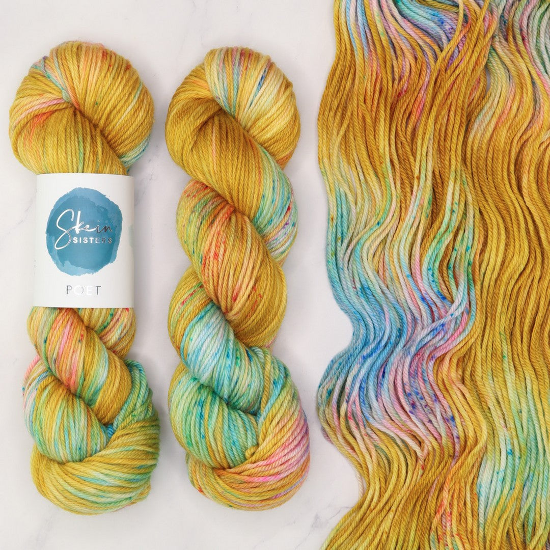 Poet Worsted – Three Skein Set in colourway End of the Rainbow – 10ply weight merino, nylon, silk yarn
