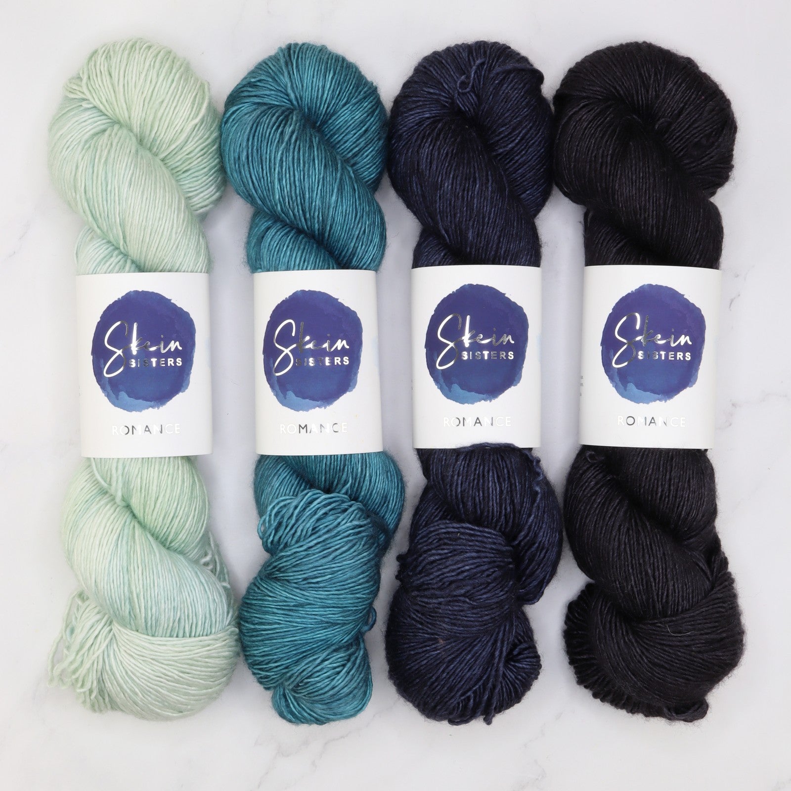 Romance Gradient Sets in colourway Hollow Sky – 4ply weight merino, silk yarn