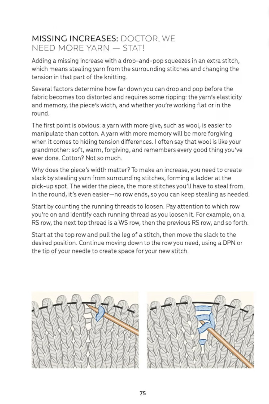 Patty Lyons' Knitting ER – inside page: step-by-step missing increase repair