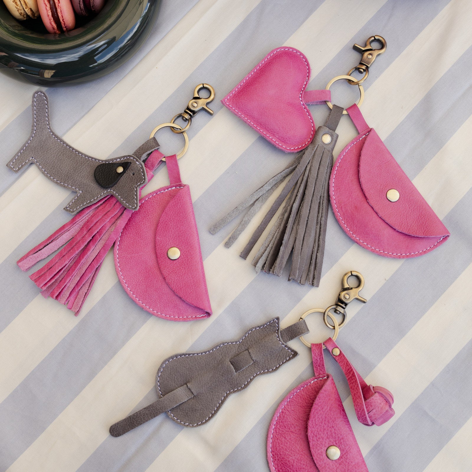 Re:Designed Leather Keyrings – Dog, Cat and Yarn and Heart in Pop Pink