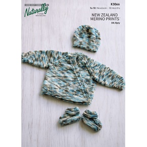 K3066 Baby Jacket, Hat, Booties Set Merino Prints Pattern