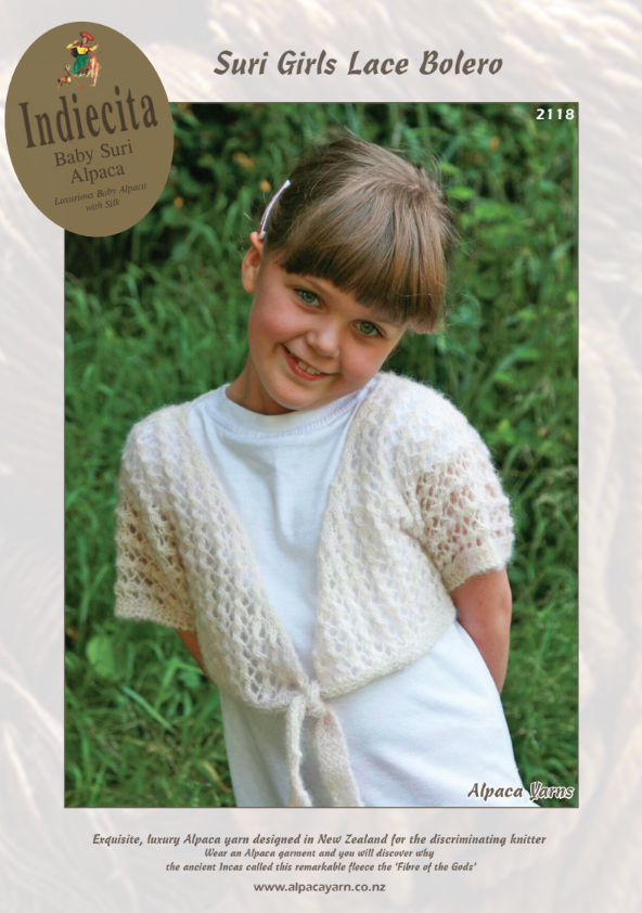 Indiecita Suri Girls Lace Bolero Pattern 2118 by Alpaca Yarns NZ