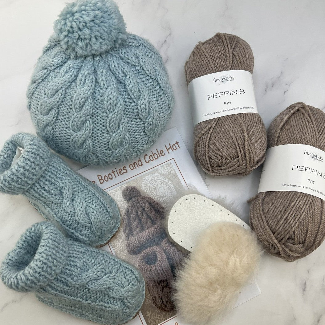 Cable Booties and Hat knitting kit