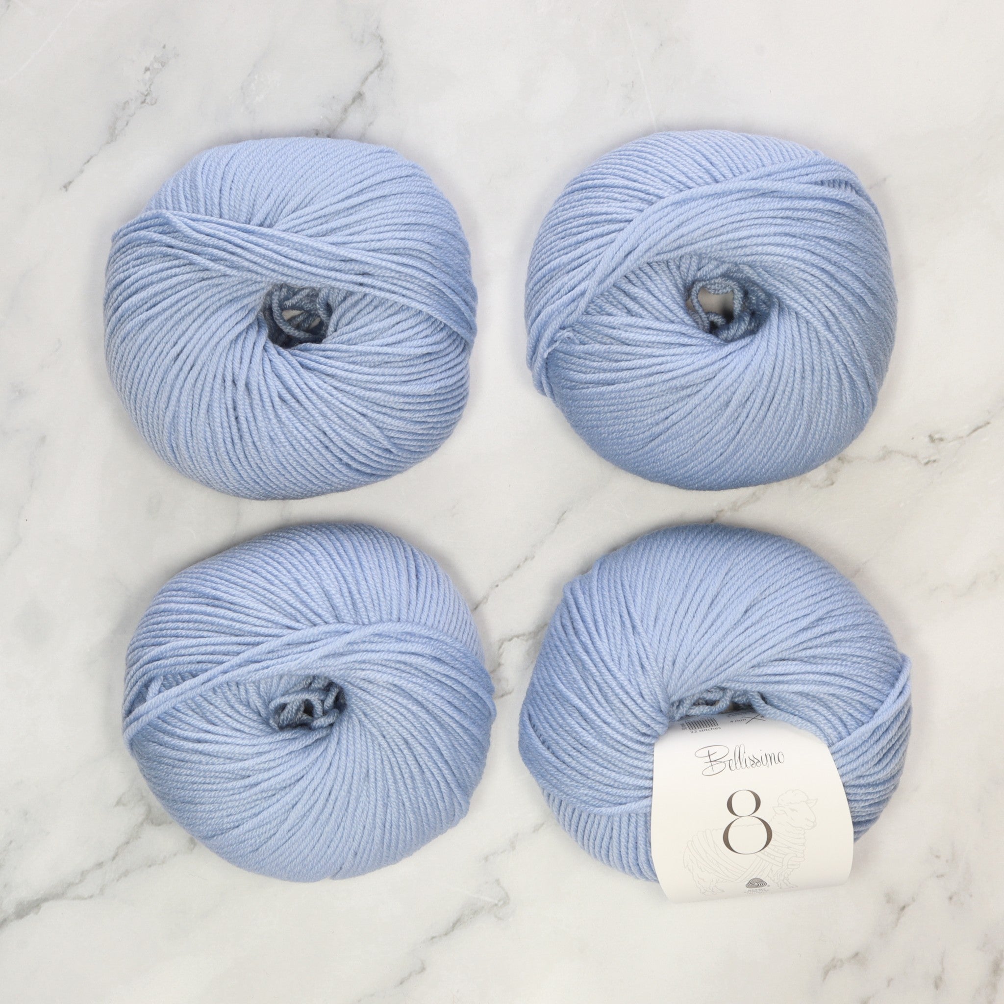 Bellissimo 8 in colourway Blue Eyes – 8ply weight merino yarn