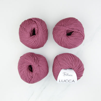 Bellissimo Lucca in colourway Mulberry – 8ply weight merino, cotton yarn