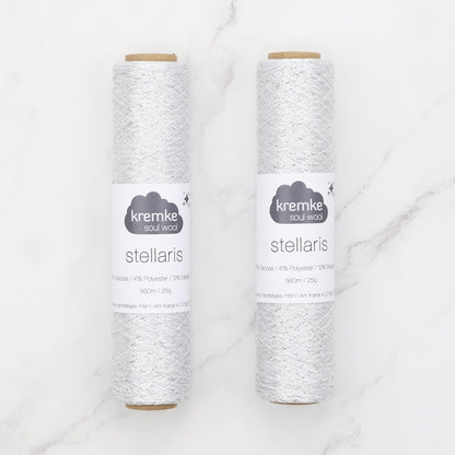 Kremke Soul Wool Stellaris in colourway White Silver – 2ply weight viscose, polyester, metallic fibre yarn