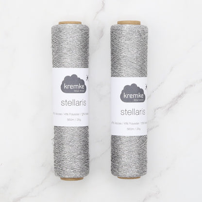 Kremke Soul Wool Stellaris in colourway Light Grey Silver – 2ply weight viscose, polyester, metallic fibre yarn