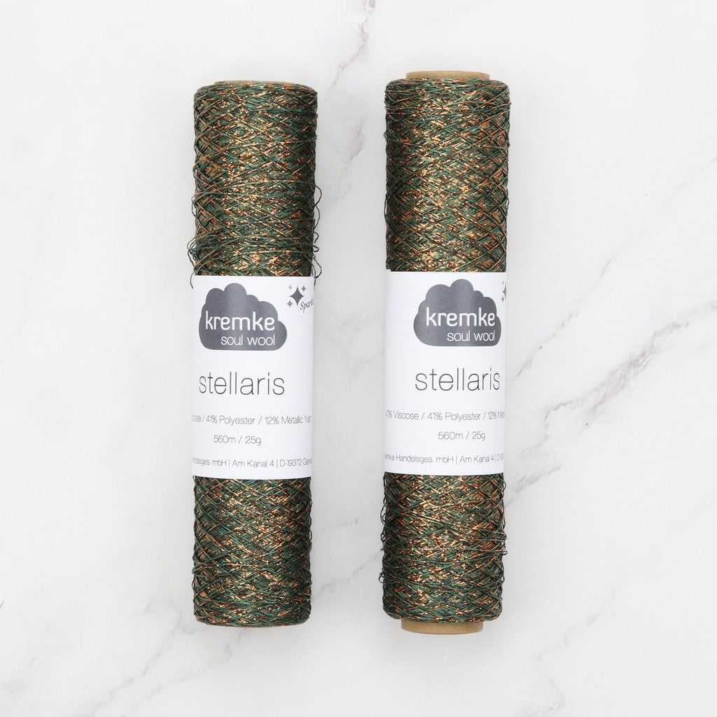 Kremke Soul Wool Stellaris in colourway Dark Olive Copper – 2ply weight viscose, polyester, metallic fibre yarn