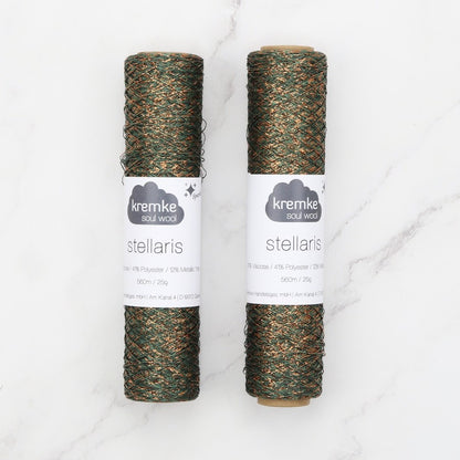Kremke Soul Wool Stellaris in colourway Dark Olive Copper – 2ply weight viscose, polyester, metallic fibre yarn