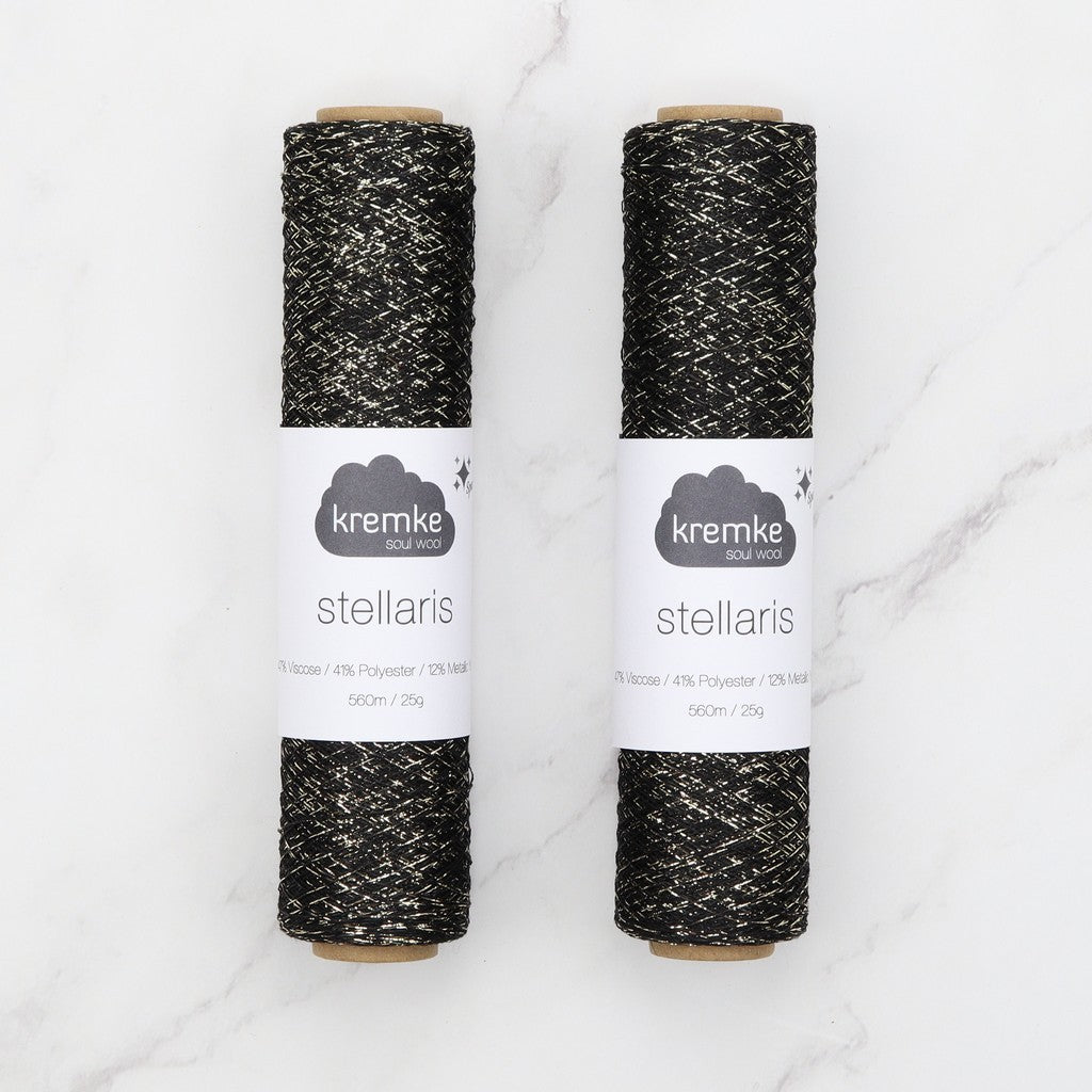 Kremke Soul Wool Stellaris in colourway Black Gold – 2ply weight viscose, polyester, metallic fibre yarn