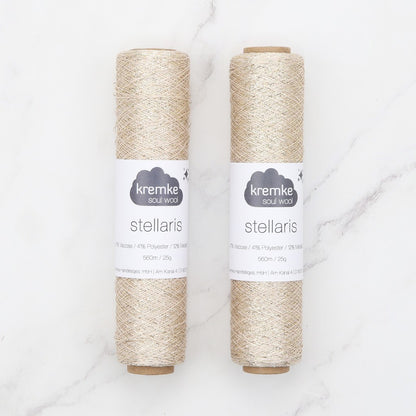 Kremke Soul Wool Stellaris in colourway Cream Gold – 2ply weight viscose, polyester, metallic fibre yarn