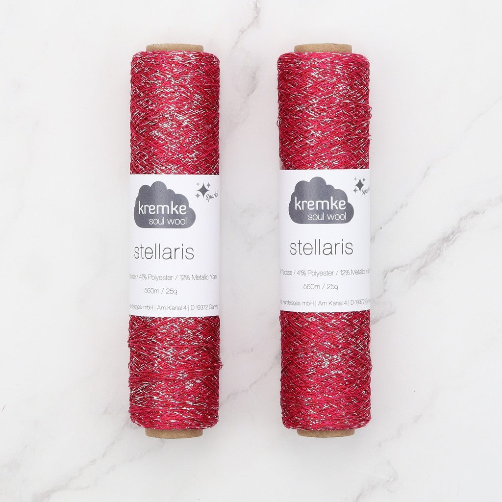Kremke Soul Wool Stellaris in colourway Raspberry Silver – 2ply weight viscose, polyester, metallic fibre yarn