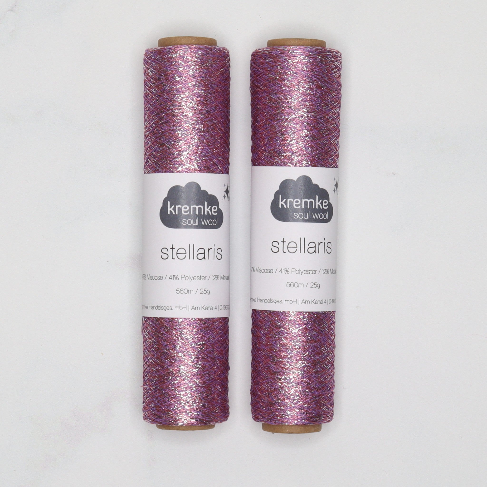 Kremke Soul Wool Stellaris in colourway Purple Silver – 2ply weight viscose, polyester, metallic fibre yarn