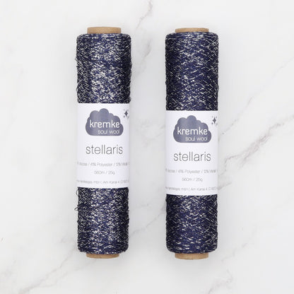 Kremke Soul Wool Stellaris in colourway Navy Silver – 2ply weight viscose, polyester, metallic fibre yarn