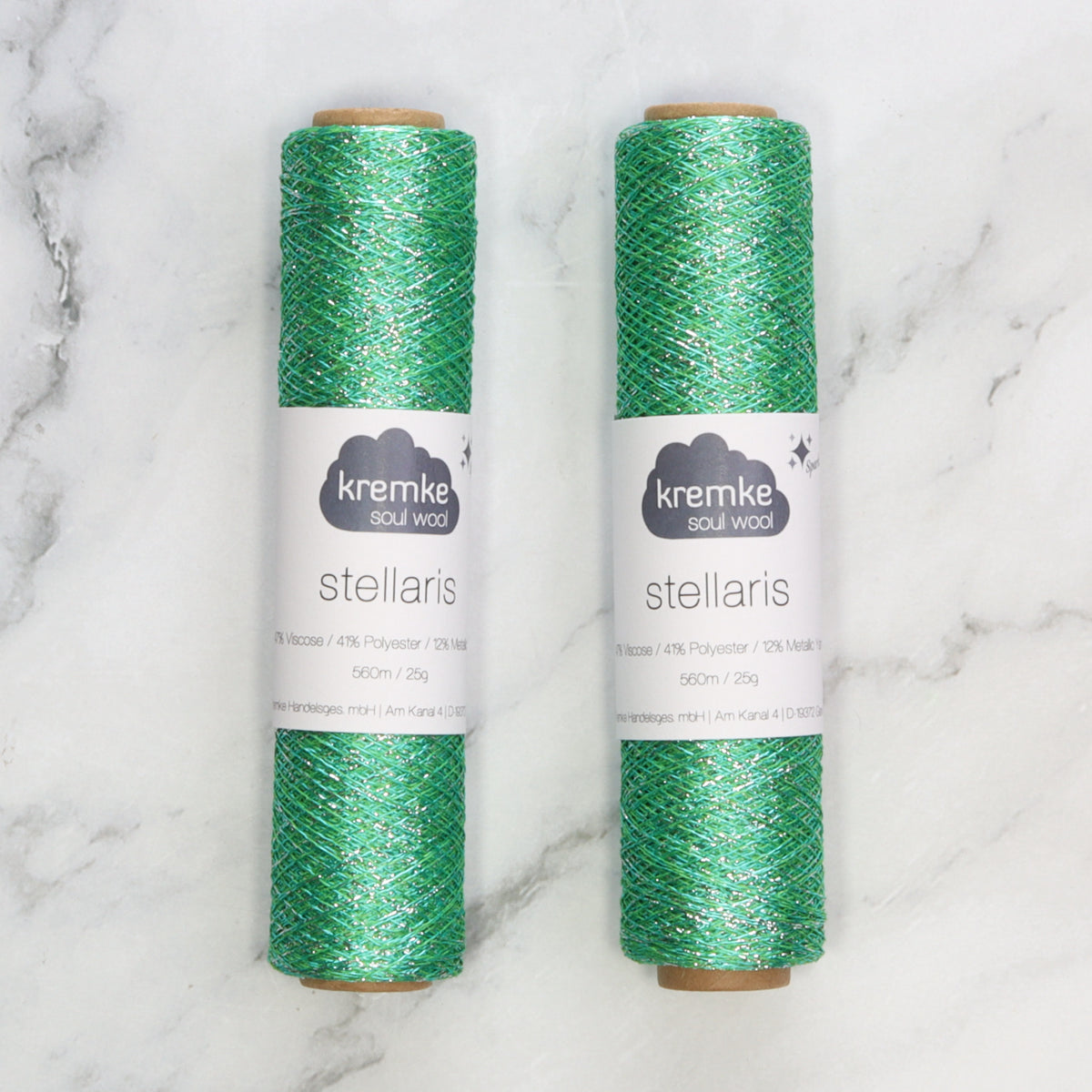 Kremke Soul Wool Stellaris in colourway Green Silver – 2ply weight viscose, polyester, metallic fibre yarn