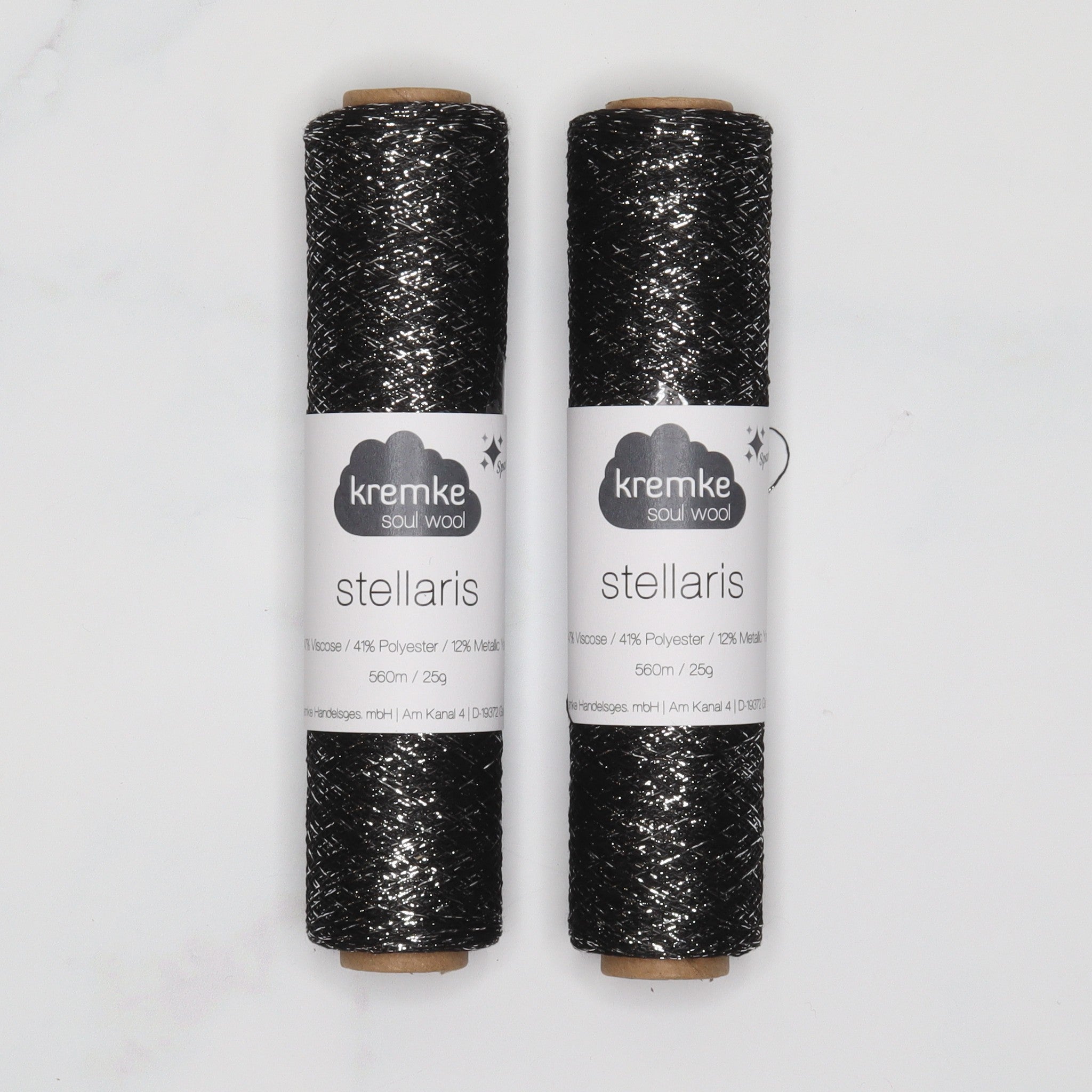 Kremke Soul Wool Stellaris in colourway Black Silver – 2ply weight viscose, polyester, metallic fibre yarn