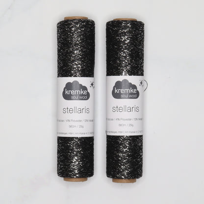 Kremke Soul Wool Stellaris in colourway Black Silver – 2ply weight viscose, polyester, metallic fibre yarn