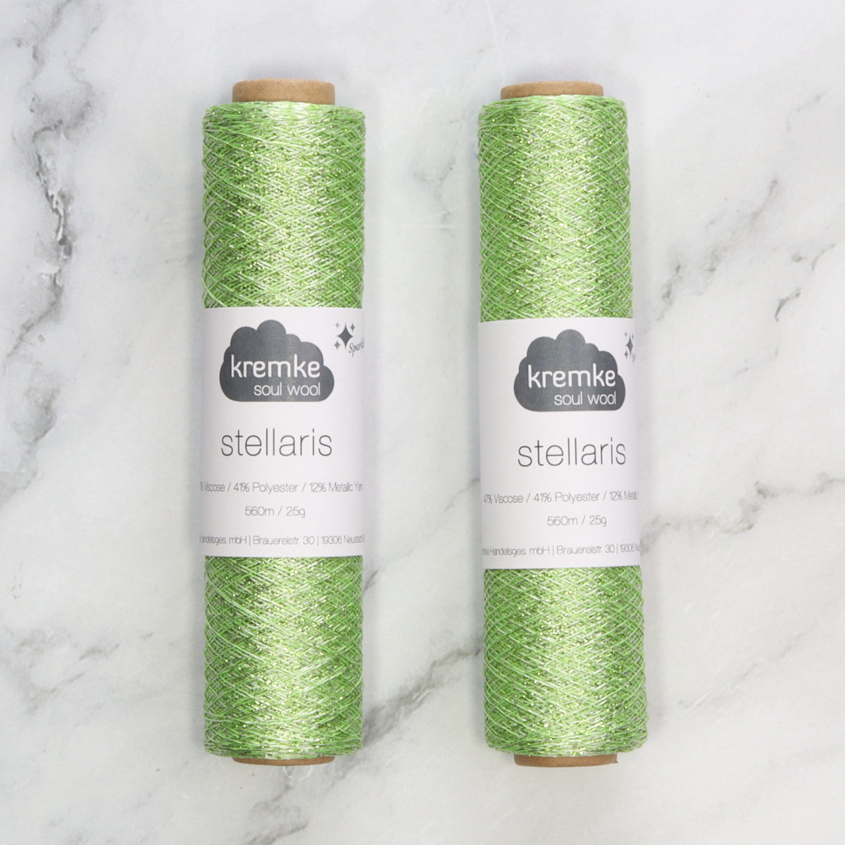 Kremke Soul Wool Stellaris in colourway Light Green Gold – 2ply weight viscose, polyester, metallic fibre yarn