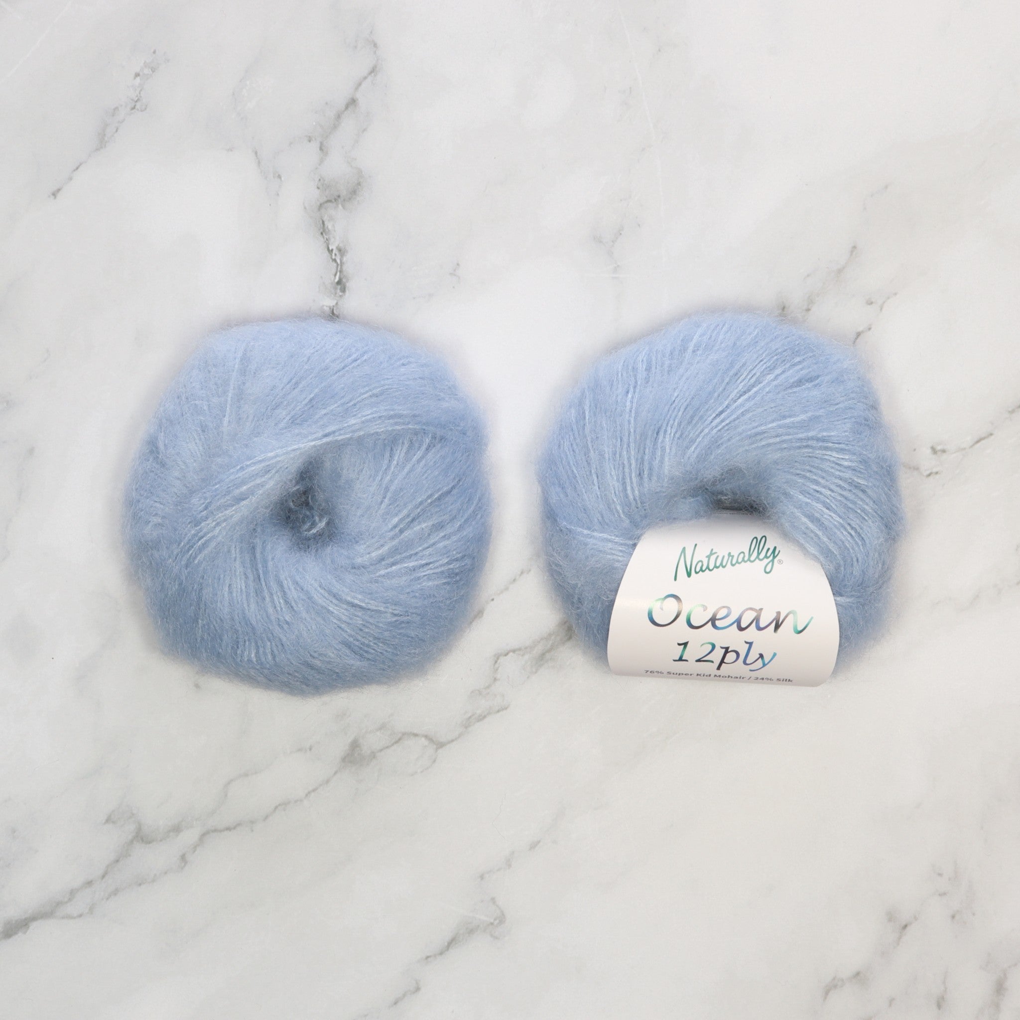 Naturally Yarns Ocean 12ply in colourway Powder Blue – 12ply weight mohair, silk yarn