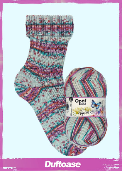 Opal Aquarell 4ply in colourway Fragrant – 4ply weight wool, polyamide, nylon yarn