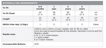 K3035 Child's Jacket in Sesia Iride Pattern - materials and measurements