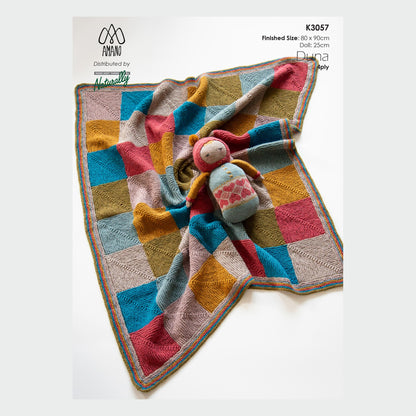 K3057 Mitred Square Pram Coverlet and Snuggle Doll knitted in Amano Duna 4ply