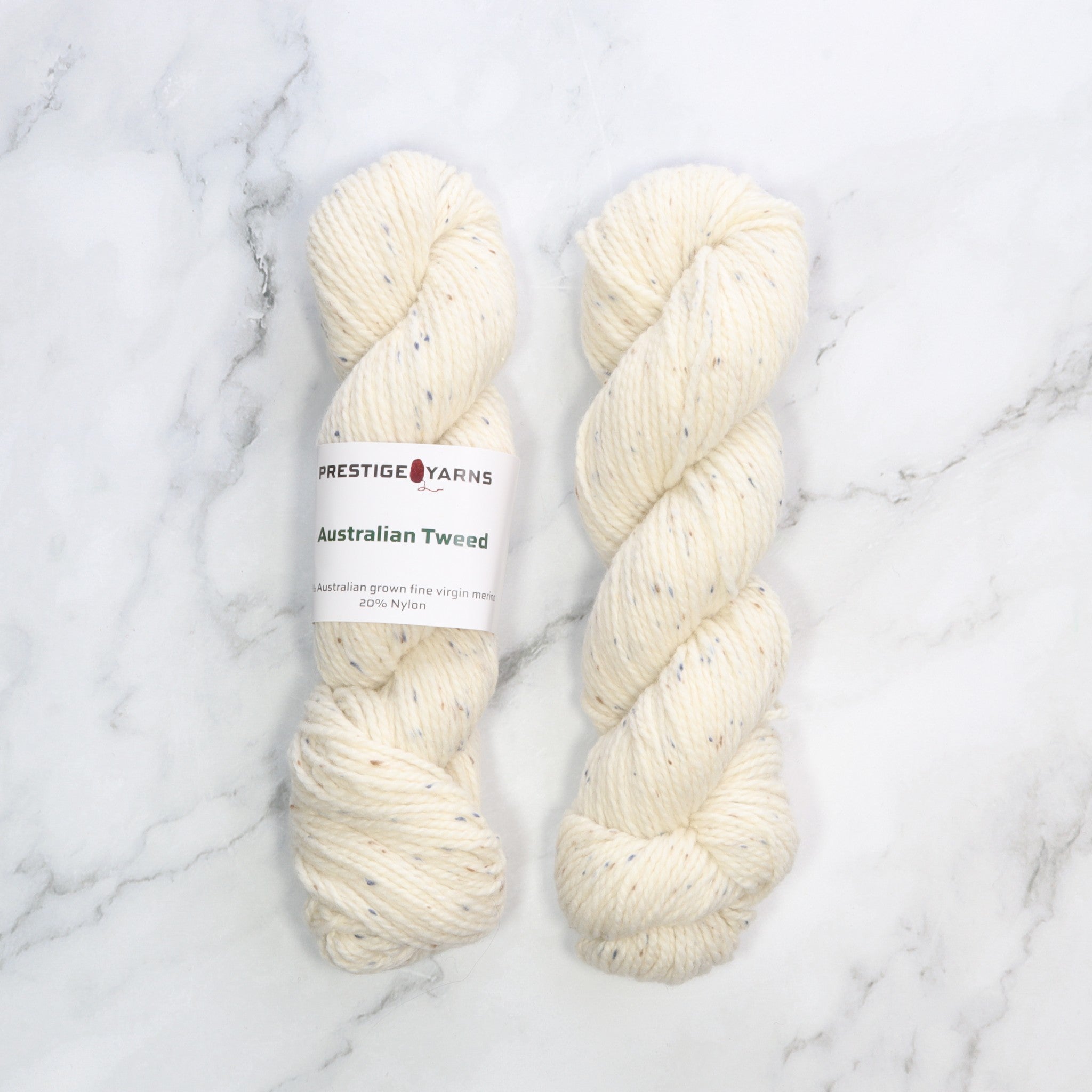 Prestige Yarns Australian Tweed in colourway White – 8ply weight merino, nylon yarn