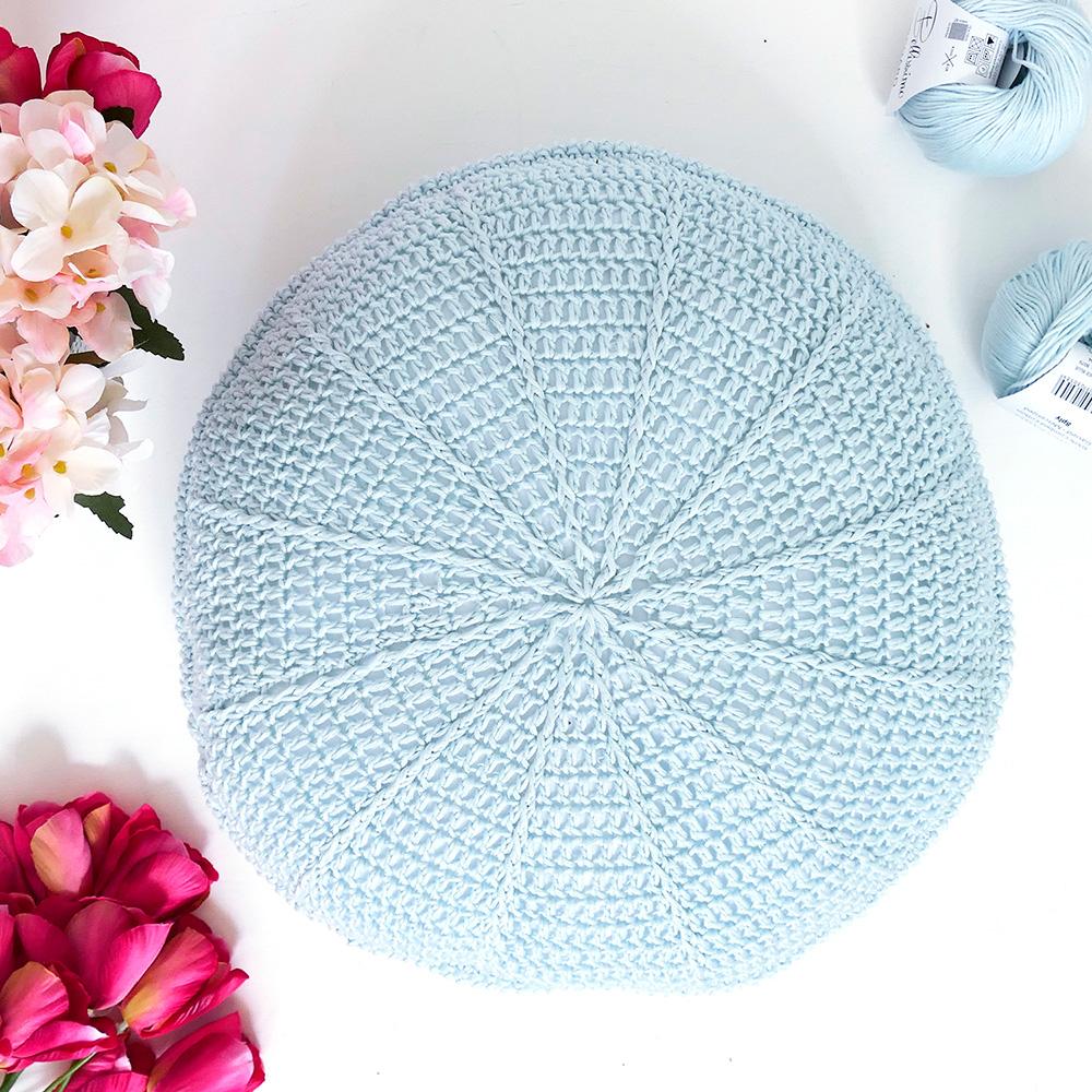 Crochet Spokes Cushion Kit – the finished cushion in Sky