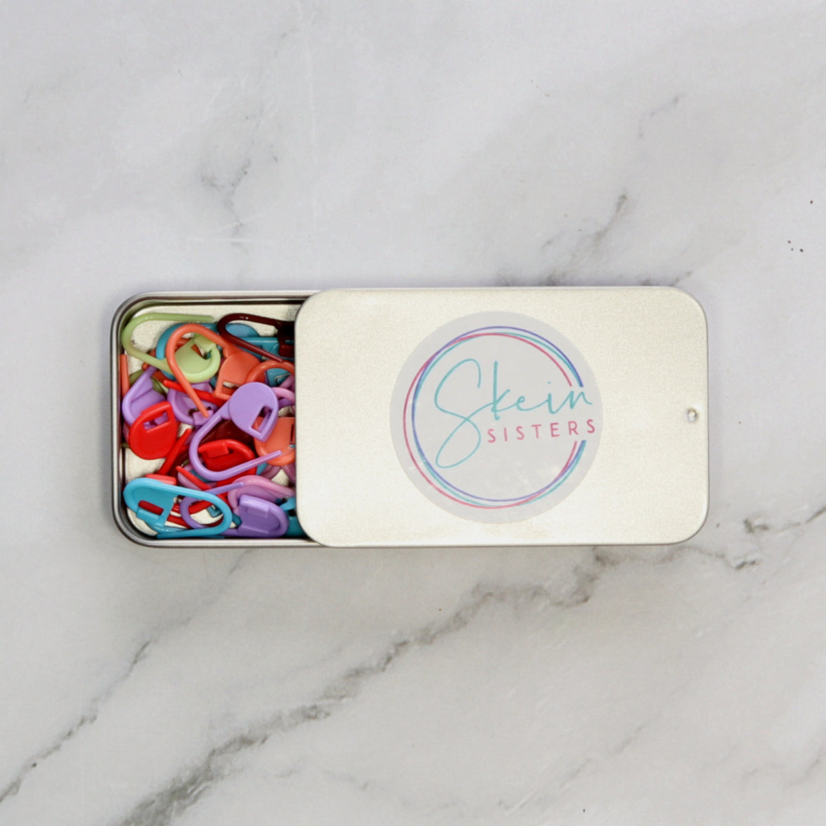 by Skein Sisters Stitch Marker Caddy – tin closed