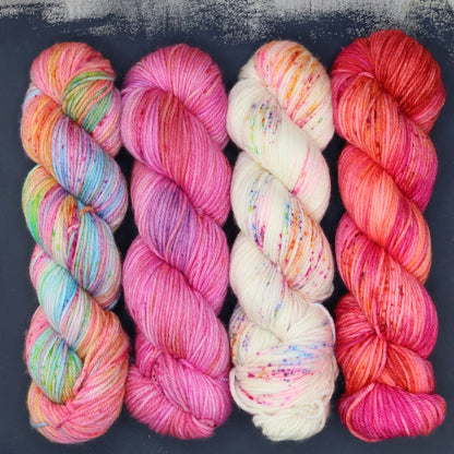 Poet Worsted – Four Colour Set in colourway HOT TO GO! – 10ply weight merino, nylon, silk yarn