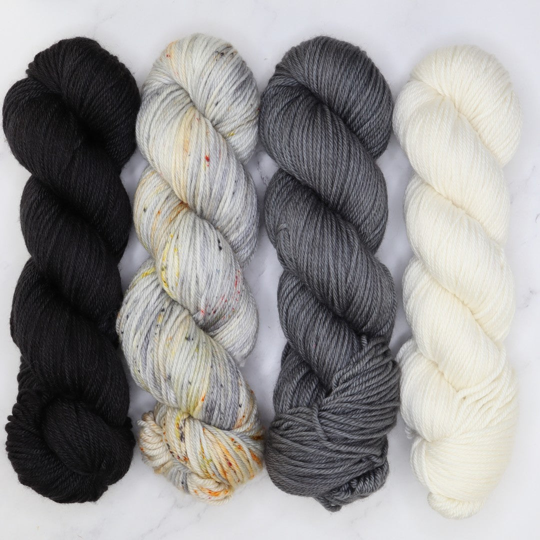 Poet Worsted – Four Colour Set in colourway Morticia – 10ply weight merino, nylon, silk yarn