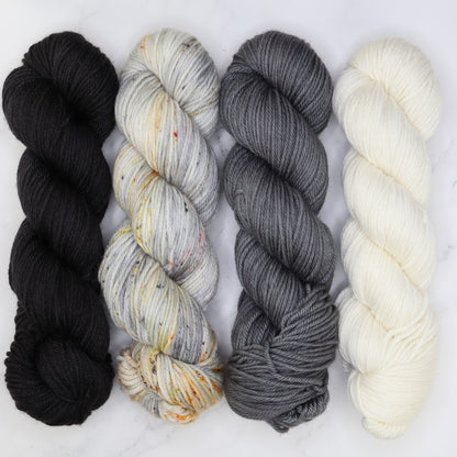 Poet Worsted – Four Colour Set in colourway Morticia – 10ply weight merino, nylon, silk yarn