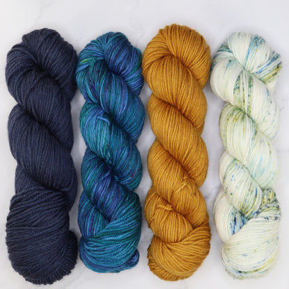Poet Worsted – Four Colour Set in colourway Oceanic – 10ply weight merino, nylon, silk yarn