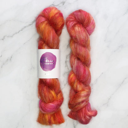 Skein Sisters Plume in colourway Golden Hour – 2ply weight mohair, silk yarn